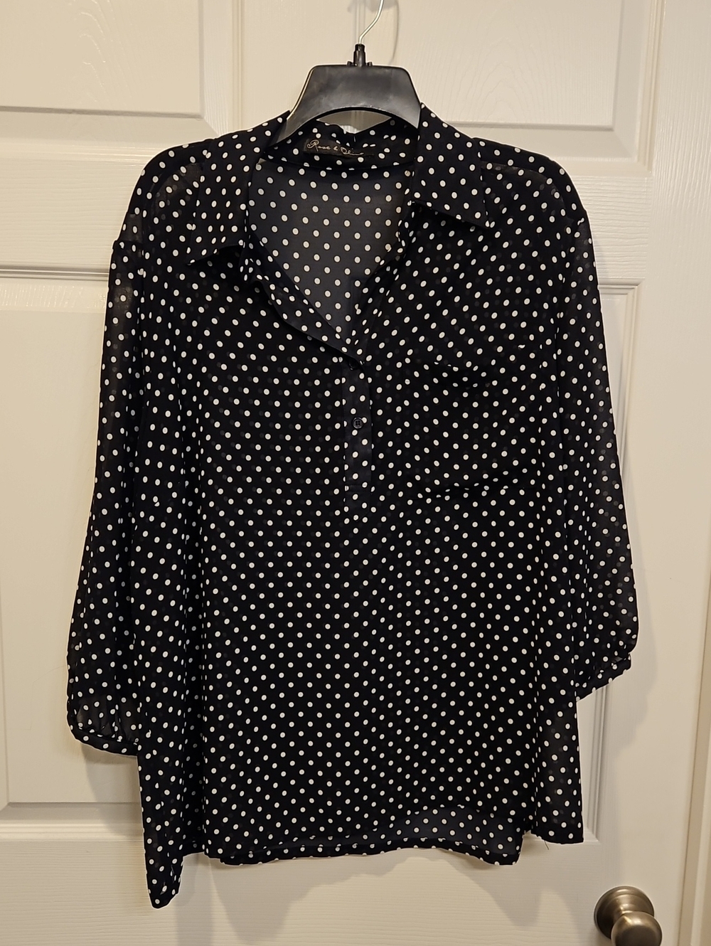 Dark Navy Polka Dot Blouse - Classic Button-Front Top
